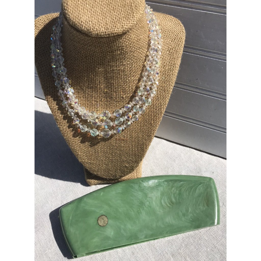 Vtg 50s Delta Triple Strand Crystal Necklace Original Celluloid Green Case Usa